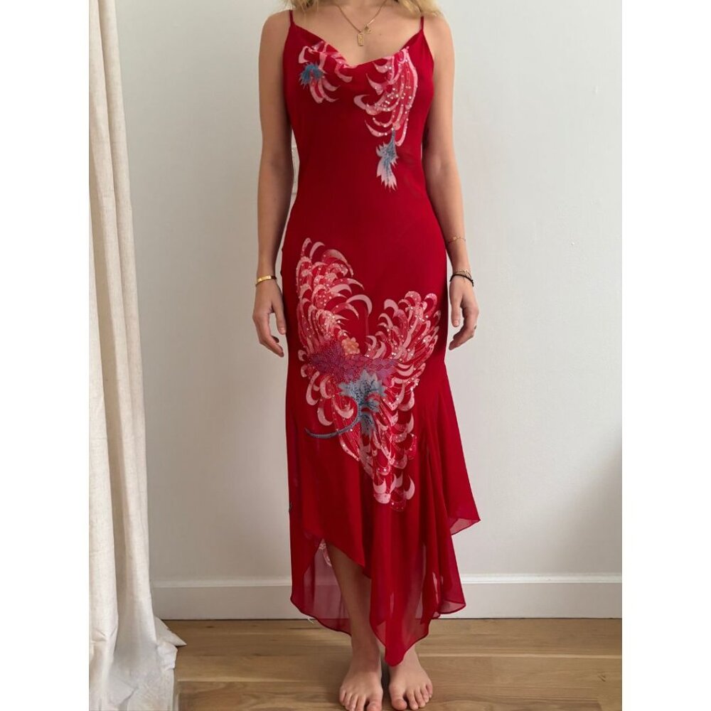 Red Georgia Silk Bias-Cut Beaded Gown — Handmade / One-of-a-Kind (Fits S/M)
